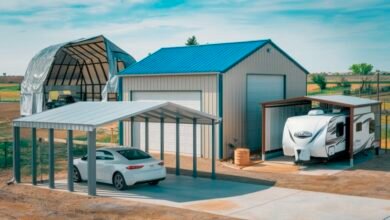 The image showcases a picturesque rural landscape under a bright sunny sky, highlighting a series of versatile metal structures such as a sleek carport, a fully enclosed garage, an open-sided RV cover, and a combo unit, all seamlessly integrated into the environment, reflecting their durability and adaptability to diverse weather conditions typical of the southern, central, or western United States, with a color palette of blues, grays, and earth tones that emphasizes their reliability and accessibility.