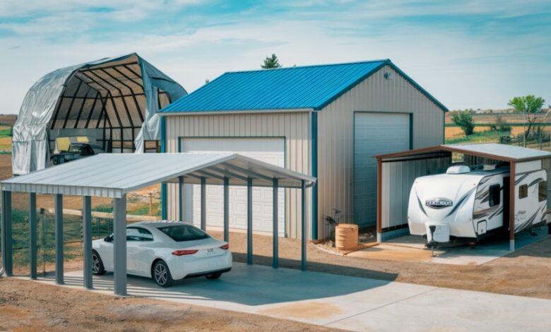 The image showcases a picturesque rural landscape under a bright sunny sky, highlighting a series of versatile metal structures such as a sleek carport, a fully enclosed garage, an open-sided RV cover, and a combo unit, all seamlessly integrated into the environment, reflecting their durability and adaptability to diverse weather conditions typical of the southern, central, or western United States, with a color palette of blues, grays, and earth tones that emphasizes their reliability and accessibility.